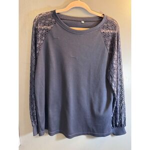Unbranded Navy Waffle Knit Lace Raglan Sleeve Top Womens Large